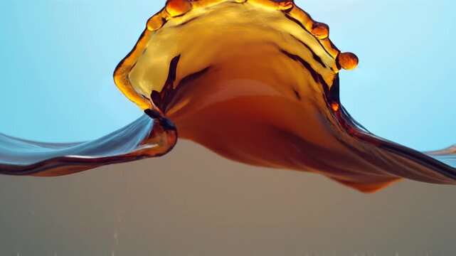 Dynamic splash of dark brown coffee or liquid in motion against a blue background