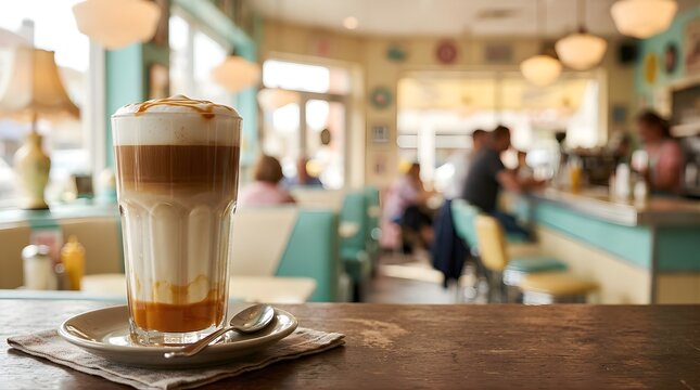 Freshly brewed caramel latte served on a rustic table in a classic diner