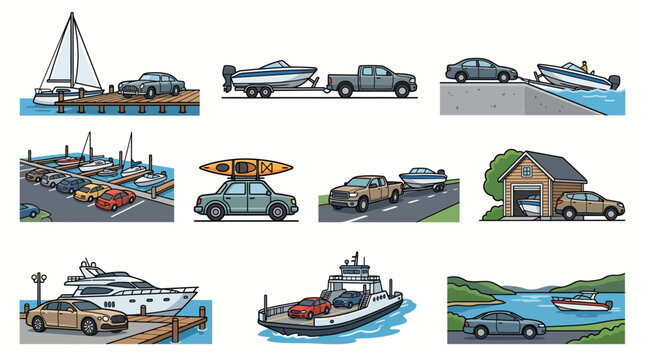 Set of illustrations depicting various methods of transporting and launching boats with vehicles.
