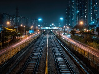 Fototapeta premium Illuminated train tracks stretch into a glowing, urban night with light trails