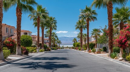 Fototapeta premium Palm-lined street leads to a distant shimmering body of water under a clear sky