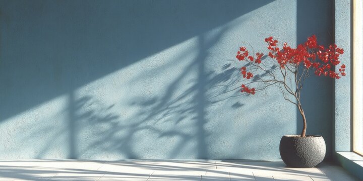 Sunlight streams across a blue wall, casting tree shadows on a potted plant