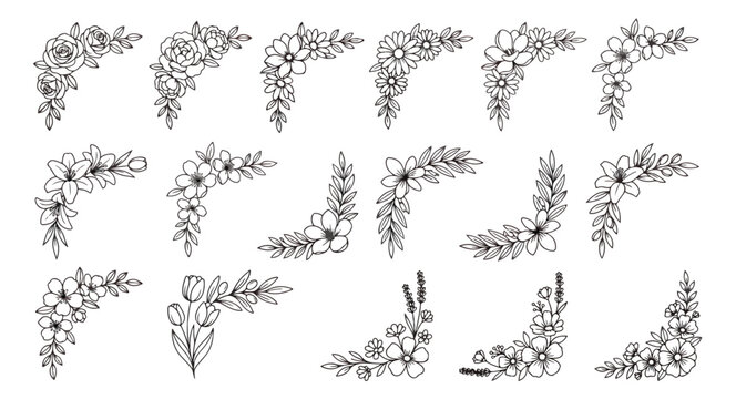 Hand drawn floral corner borders set, black ink botanical line art illustrations, 17 decorative flower frame elements for wedding invitations