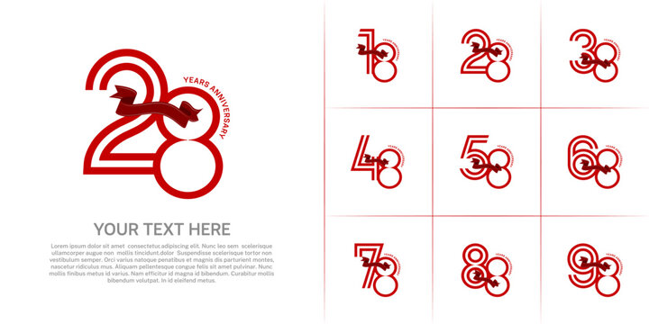 Anniversary logo type set with double line number. red color with ribbon can be use special moment