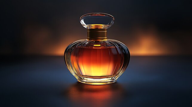 Amber perfume bottle, studio shot, dark background, glowing, advertising