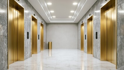 Naklejka premium Luxurious modern elevator lobby with marble, gold doors, and sleek lighting