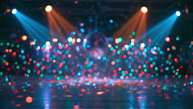 Festive disco ball and colored lights create vibrant atmosphere