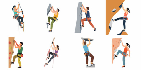 Naklejka premium Set of diverse rock climbers, men and women, engaging in indoor and outdoor bouldering and rock climbing activities on various surfaces and textures.