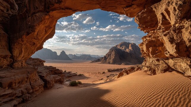 View through rock arch frames vast desert landscape at sunrise with dramatic sky