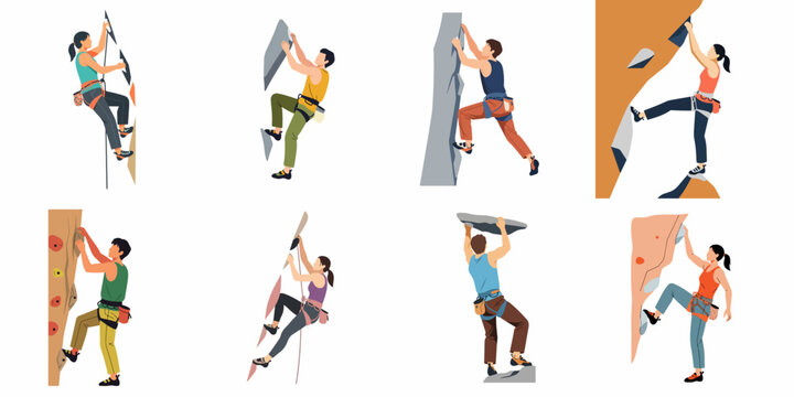 Set of diverse rock climbers, men and women, engaging in indoor and outdoor bouldering and rock climbing activities on various surfaces and textures.