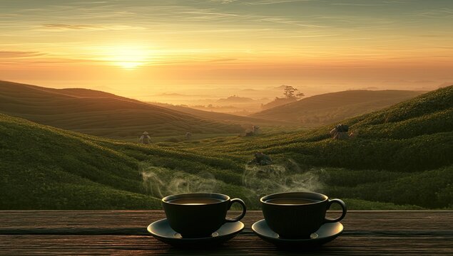 Steaming cups of tea on a rustic table overlook misty rolling green hills at sunrise