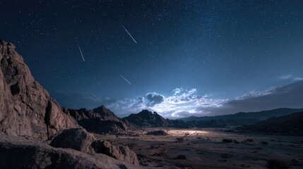 Obraz premium Rocky desert landscape under a starry night sky with meteor showers