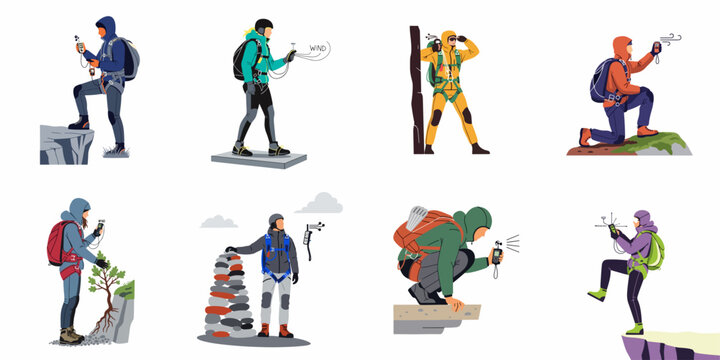 Collection of characters in outdoor gear using handheld anemometers to measure wind speed in various mountain and cliffside locations.