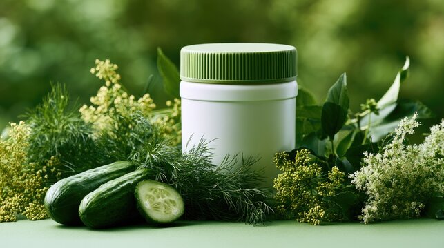 White container with green lid surrounded by fresh cucumbers and lush greenery