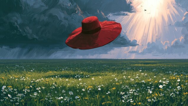 A red hat floats over a sun-drenched meadow filled with wildflowers under dramatic clouds