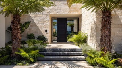 Fototapeta premium Modern stone house entrance with lush green landscaping and palm trees