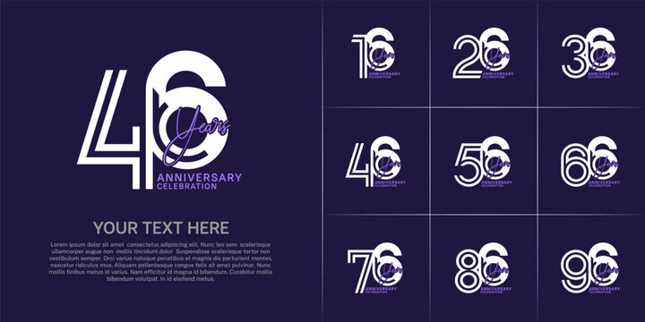 Anniversary set design with double line number and handwriting. white and purple color for celebration event