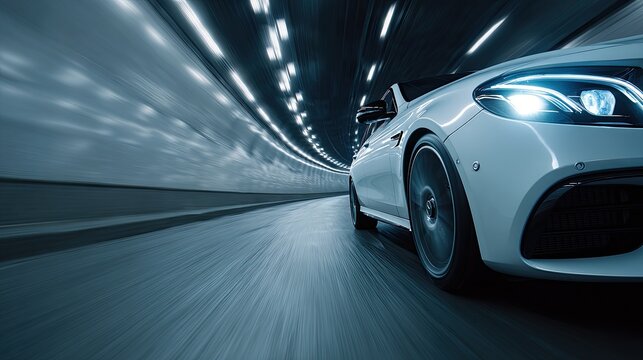 Sleek white car speeds through illuminated tunnel, motion blur effect