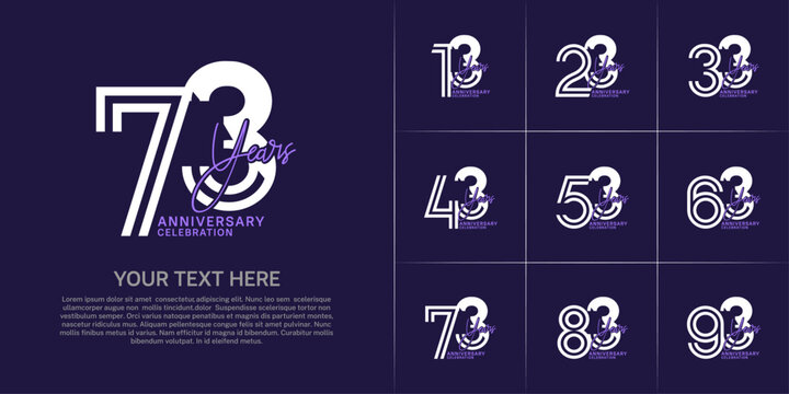 Anniversary set design with double line number and handwriting. white and purple color for celebration event