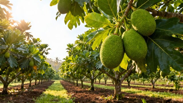 Large tropical breadfruit plantation with mature breadfruit trees full of fresh green breadfruit