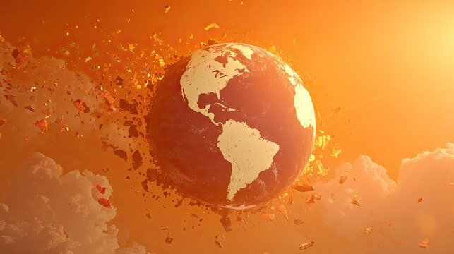 Shattered Earth fragments explode outward against a dramatic, fiery sky