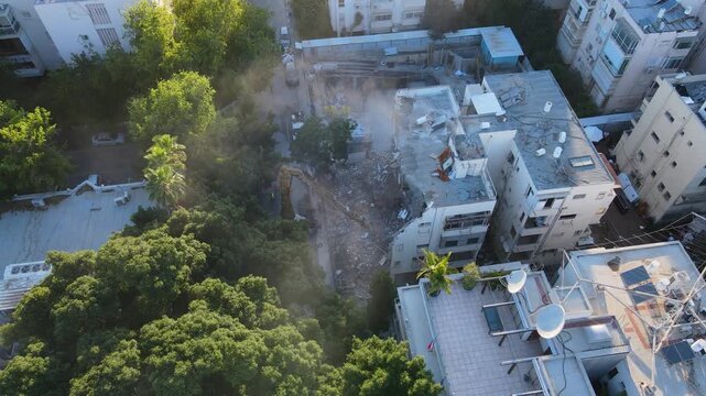 Aerial drone view of residential building demolition and redevelopment site at David Street, urban renewal, real estate development, פינוי בינוי, תמא 38 and housing growth.