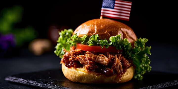 Hearty pulled pork sandwich topped with lettuce, tomato and flag