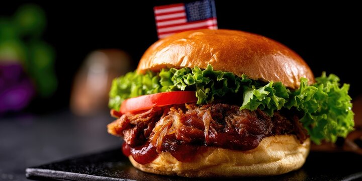 A delicious pulled pork sandwich with lettuce, tomato, and a flag