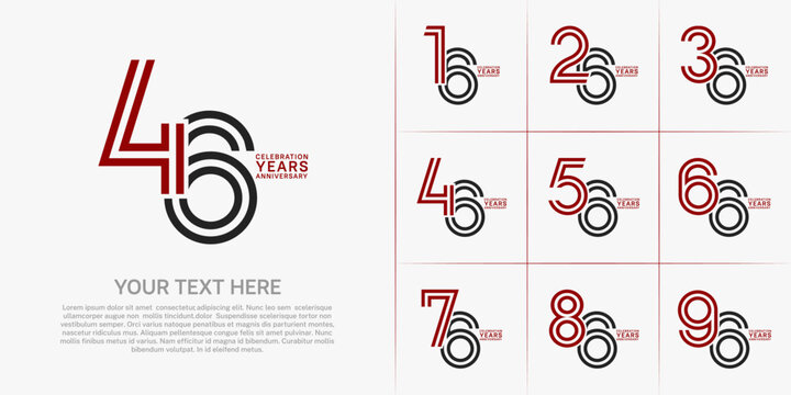 Anniversary set design with double line number. red and black color for celebration event