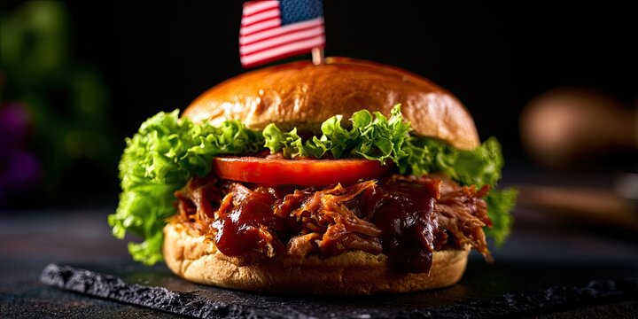 A delicious pulled pork sandwich, adorned with lettuce, tomato, and a small flag