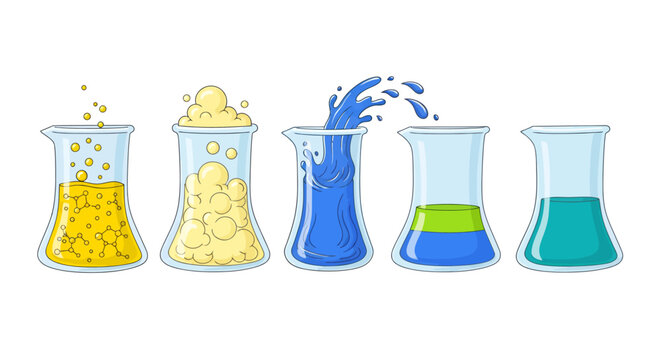 Sequence of colorful laboratory beakers with bubbling liquids and foam.