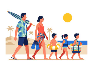 Family Walking on Beach for Summer Vacation Vector Illustration © Noble