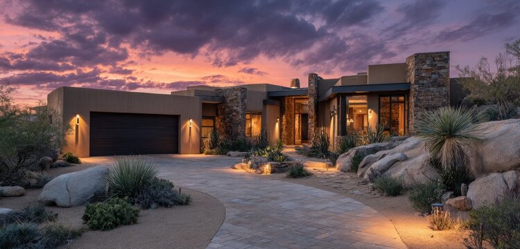 Desert home at dusk with dramatic sky, warm lighting, and rocks