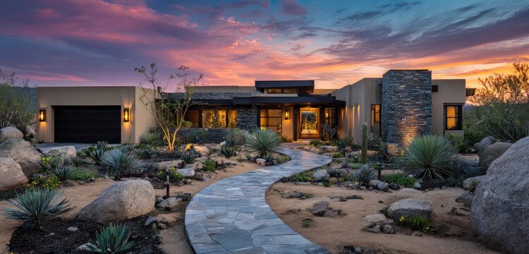 Modern desert home with stone path and vibrant sunset sky