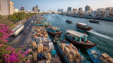 Obraz premium Busy waterway with cargo boats and city skyline under a clear sky