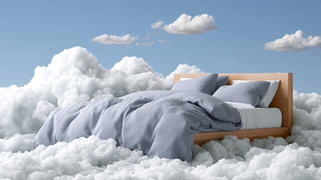A bed covered in soft, light blue linens rests on fluffy, white clouds in a blue sky