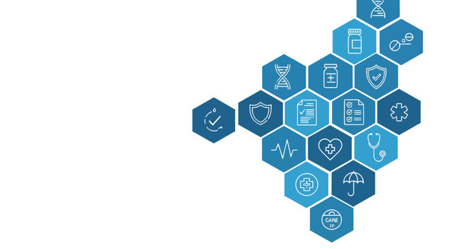 Abstract hexagon network illustration featuring geometric icons and blue gradient.