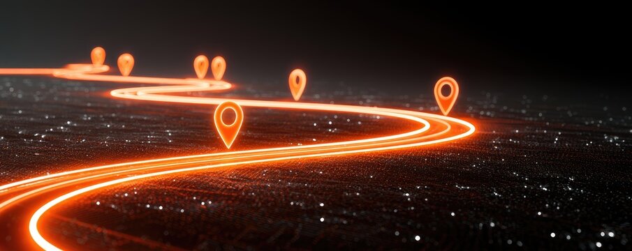 Glowing orange path with location pins navigates a futuristic, sparkling digital landscape