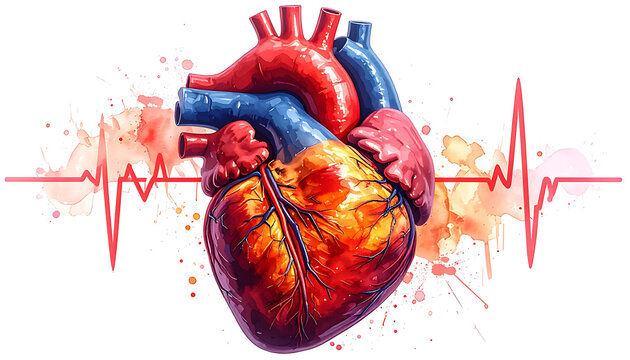Anatomical Human Heart Watercolor Illustration with Heartbeat EKG Line.