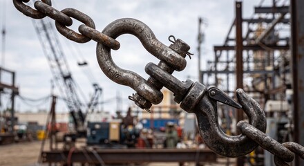 Naklejka premium Close-up of industrial rigging hardware — chain, shackle, hook detail