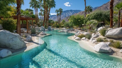 Obraz premium Sunny desert oasis with winding blue water, palm trees, and mountains