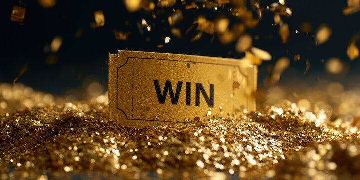 Golden ticket with "WIN" text surrounded by falling confetti, glittering gold