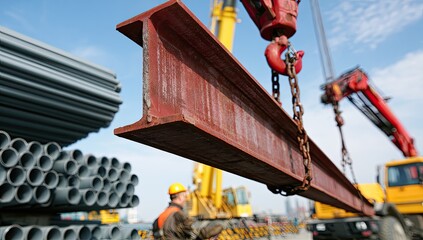 Naklejka premium Crane lifts heavy steel beam at construction site with stacked materials