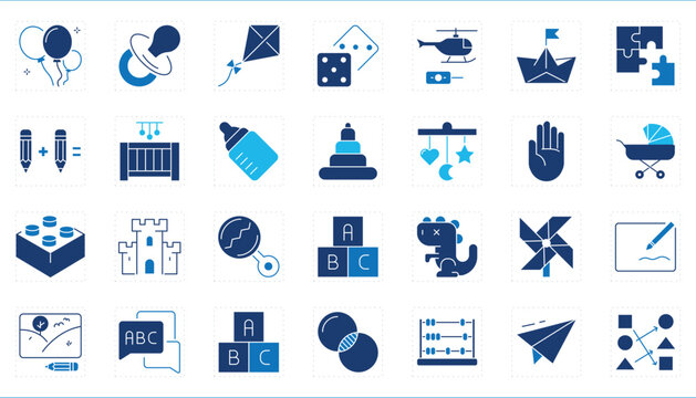 A set of icons related to Child Development. Child, care, preschool, toys, play, learn, grow, and so on.