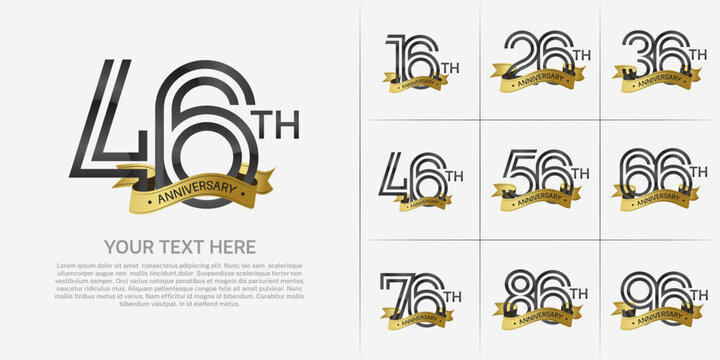 Anniversary logo set with double line number style. black color with golden ribbon can be use for special moment