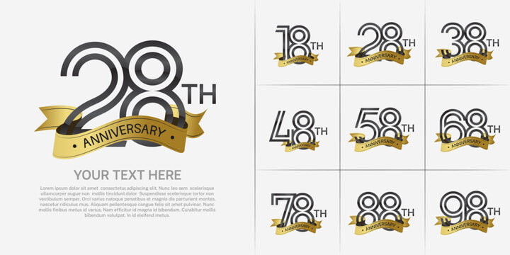 Anniversary logo set with double line number style. black color with golden ribbon can be use for special moment
