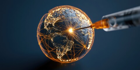 Fototapeta premium A syringe injects a glowing solution into a digitally rendered Earth