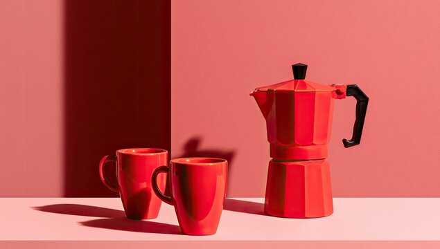 Two red mugs and a red stovetop coffee maker on a pink surface (1)