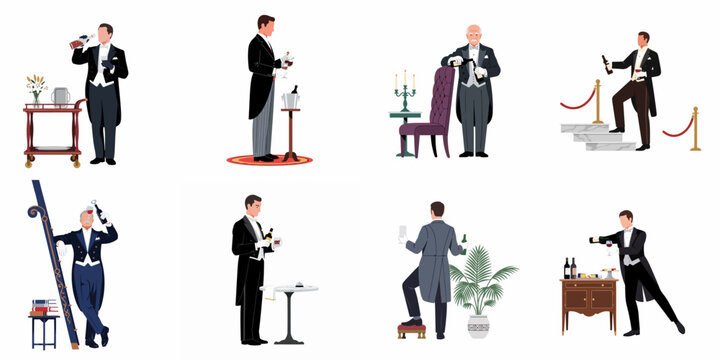 Set of elegant butler character illustrations in formal tuxedo uniforms performing service tasks including pouring wine and managing luxury hospitality duties.