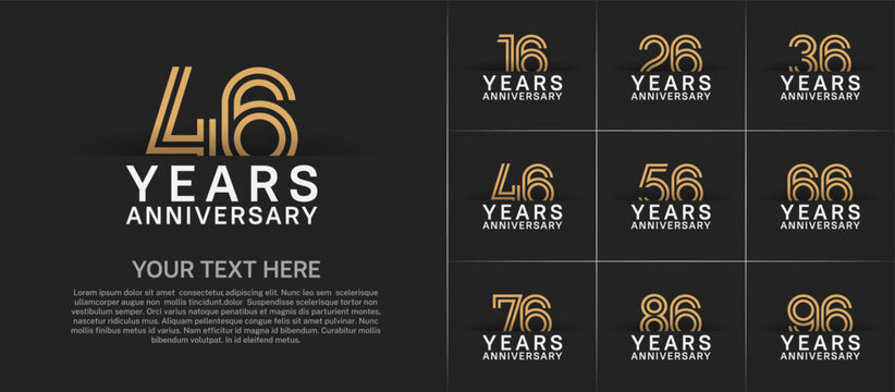 Anniversary logo set with double line number style. gold and white color can be use for special moment